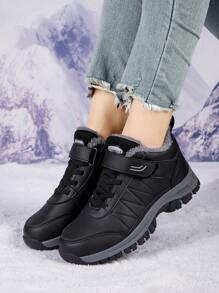 女士新款冬季保暖保暖内衬运动鞋，防滑中帮户外步行鞋，短款黑色雪地靴