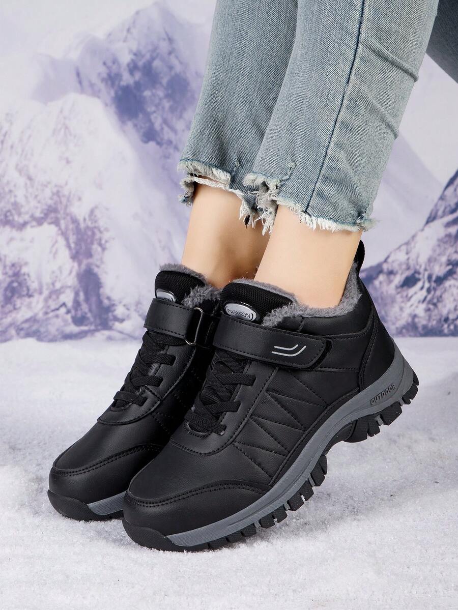 女士新款冬季保暖保暖内衬运动鞋，防滑中帮户外步行鞋，短款黑色雪地靴