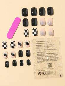 24入組短款方格紋指甲貼片+1入組果凍膠+1入組指甲修甲梳，膠片美甲供應 - 彩色 - 查看 3
