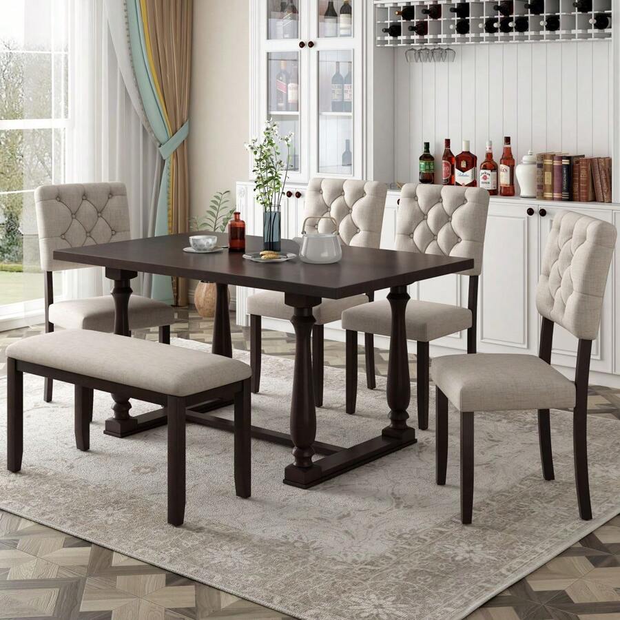 6-Piece Retro Style Dining Set with 4 Upholstered Dining Chairs and 1 Bench, Wood Kitchen Table and Chair with Special-Shaped Legs and Foam-Covered Seat Backs&Cushions - 濃縮咖啡 - 查看 1