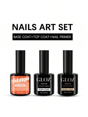  Gloz 3件套半永久凝胶指甲油套装，含底油、亮油和底胶 - 可卸UV/LED凝胶指甲油套装，适用于所有指甲类型，女士礼物