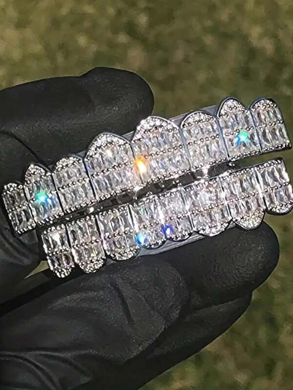 1 قطعة أسنان براقة 18k فضية: 8 أسنان مربعة Pave Cz في الأعلى والأسفل للرجال والنساء - انبهار!