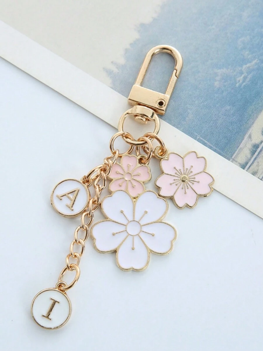 1pc Women's Japanese Style Personalized Flower & Letter Design Keychain, Creative Gift, Phone Case/bag Charm - Pink - View 1
