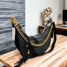 Bolsa de Moda diseño de media luna con cadena - Negro - Ver 2