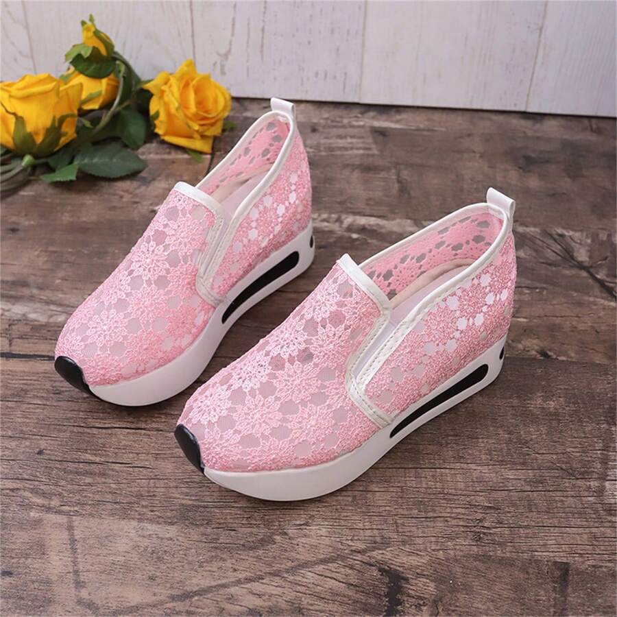 夏季新款女士花繡帆布鞋,韓風厚底透氣休閒運動增高內增鞋 - 玫紅色 - 查看 1