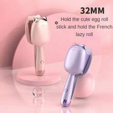 新款可愛32毫米水波紋蛋捲髮棒,韓國風格波浪捲曲鐵蛋捲棒,加熱造型鐵刷適用於美髮 - 粉色 - 查看 3