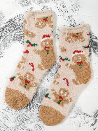 1 Pair Cute Christmas Socks, Gingerbread Man & Santa Hat Patterns, Fashion Soft & Comfortable Mid-Calf/Crew Socks For Women/Men/Couples, Suitable For Autumn/Winter Daily Wear, Lounging, Casual Sports, Christmas Matching