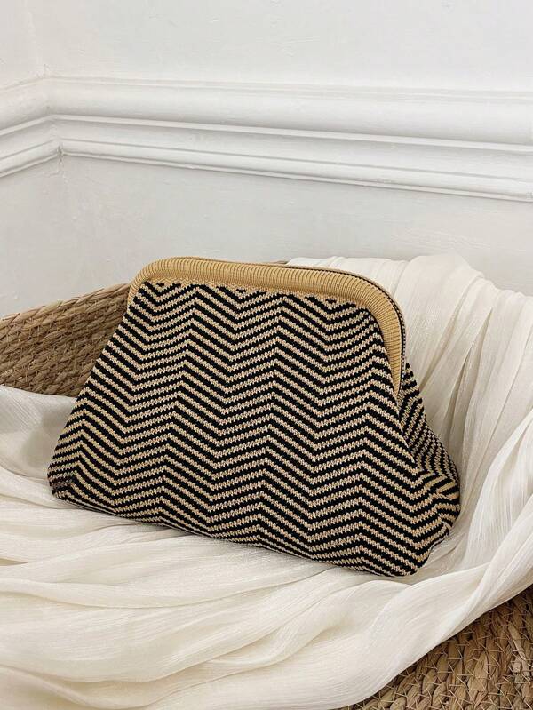 CALINNL Women Crocheted Geometric Striped Clutch Bag, Multi-Purpose Use As Makeup Bag, Shopping Bag, Travel Bag