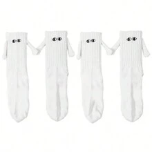 2 Pairs Magnetic White Couple's Hand Holding Socks, Cute Doll Gag Gift Crew Socks, Unisex