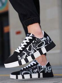 Men's Athletic Canvas Skate Shoes - Black and White - View 1