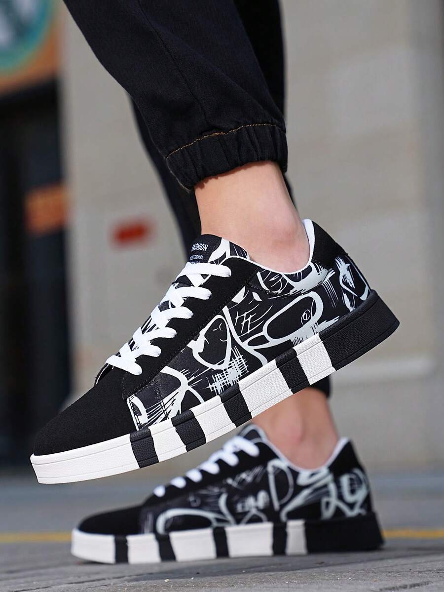 Men's Athletic Canvas Skate Shoes - Black and White - View 1