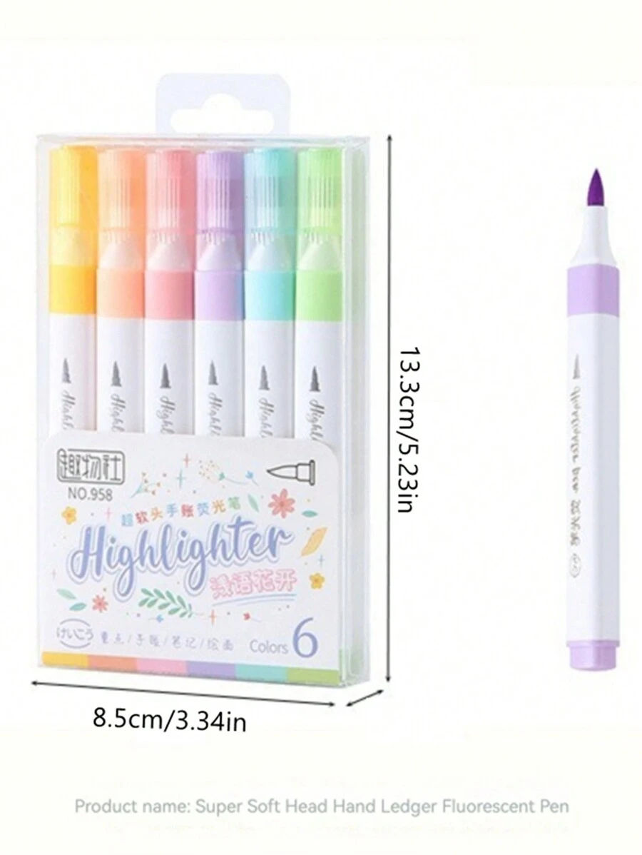 6 Colors Pastel Color Highlighter Pen Set Brush Fluorescent Markers