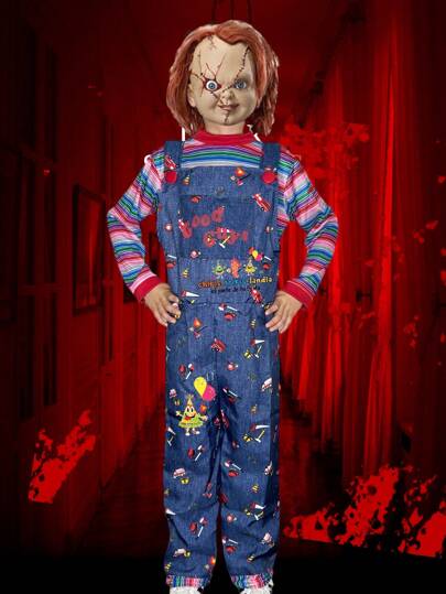 Disfraz chuckino Halloween chuki, overol azul tela estampada con playera rayas de colores, Día De Muertos Fiesta, cosplay Niño, muñeco diabólico carnaval cumpleaños