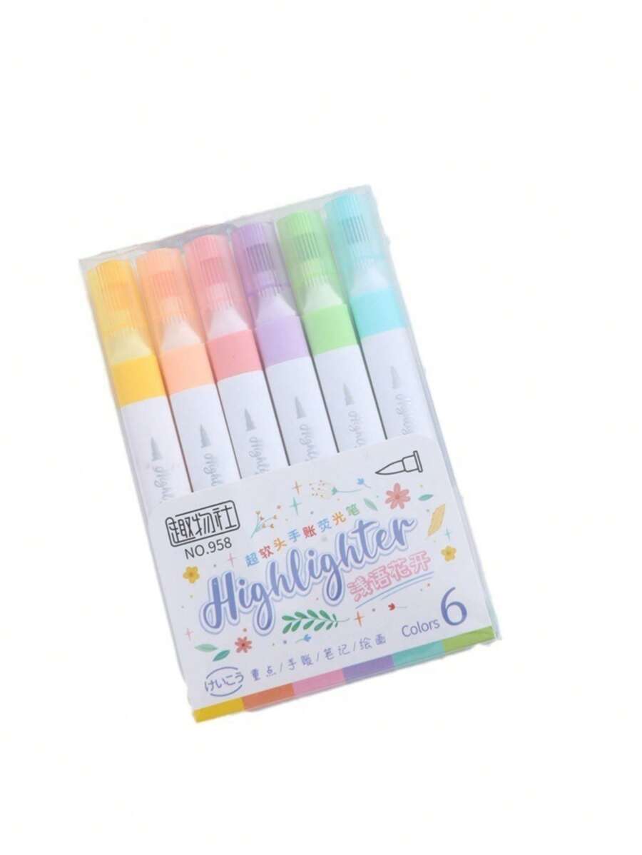 6 Colors Pastel Color Highlighter Pen Set Brush Fluorescent Markers