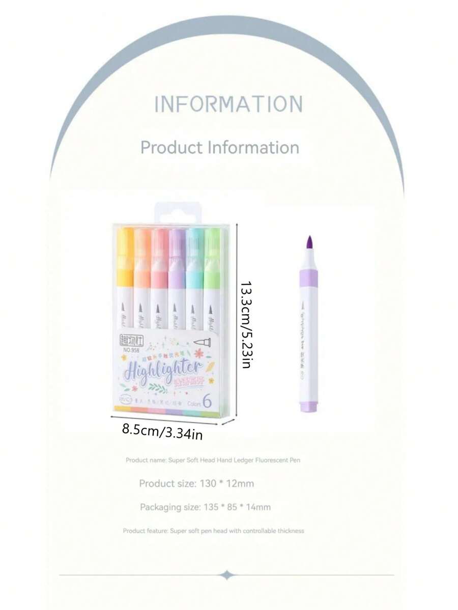 6 Colors Pastel Color Highlighter Pen Set Brush Fluorescent Markers