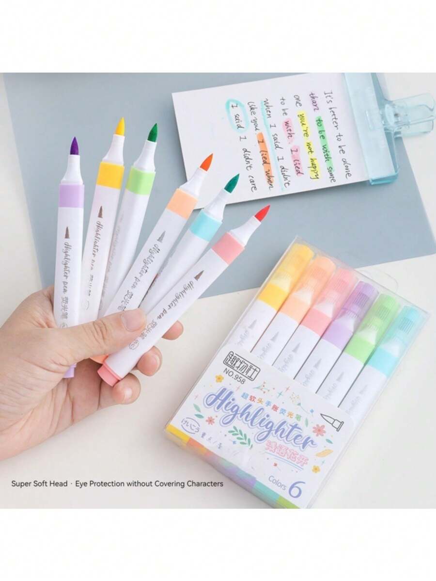 6 Colors Pastel Color Highlighter Pen Set Brush Fluorescent Markers
