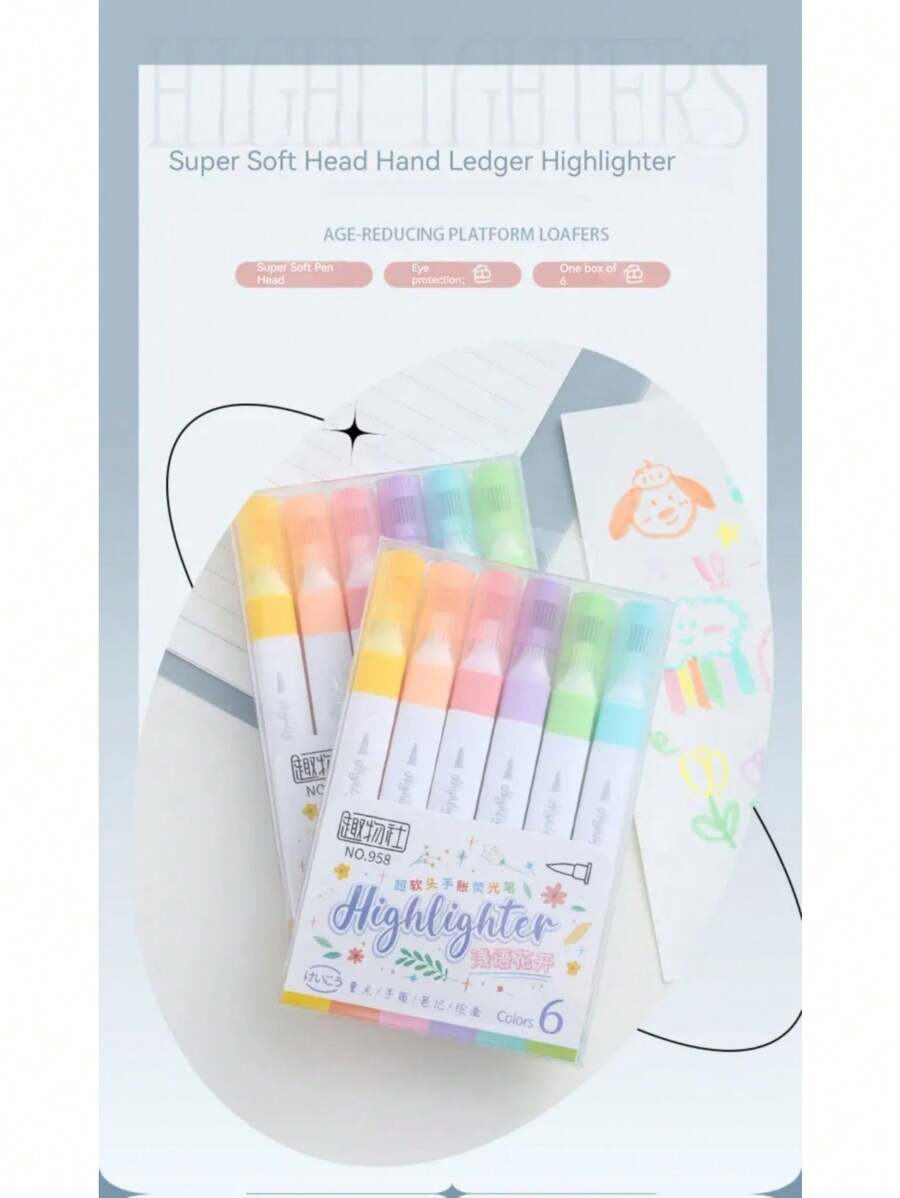 6 Colors Pastel Color Highlighter Pen Set Brush Fluorescent Markers