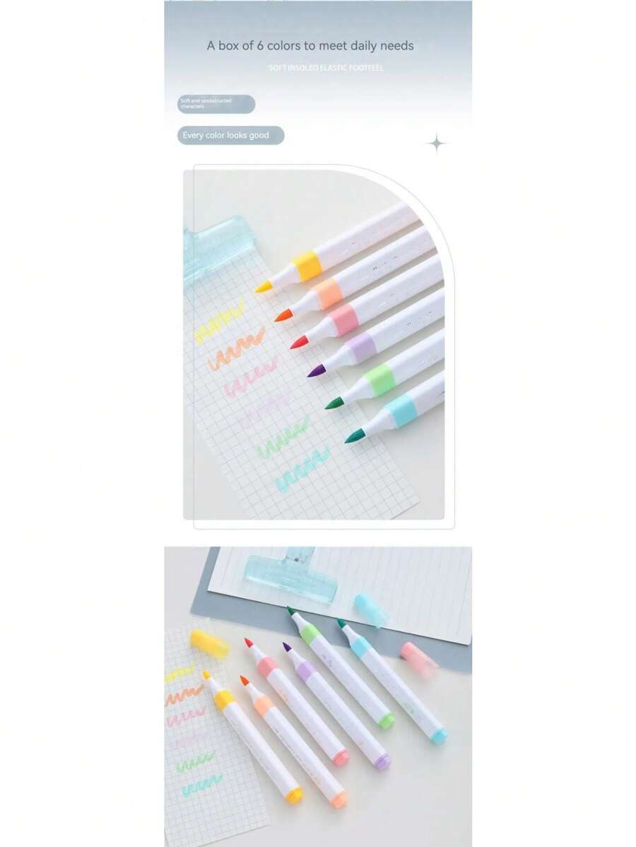 6 Colors Pastel Color Highlighter Pen Set Brush Fluorescent Markers Highlighters Pens Art Marker