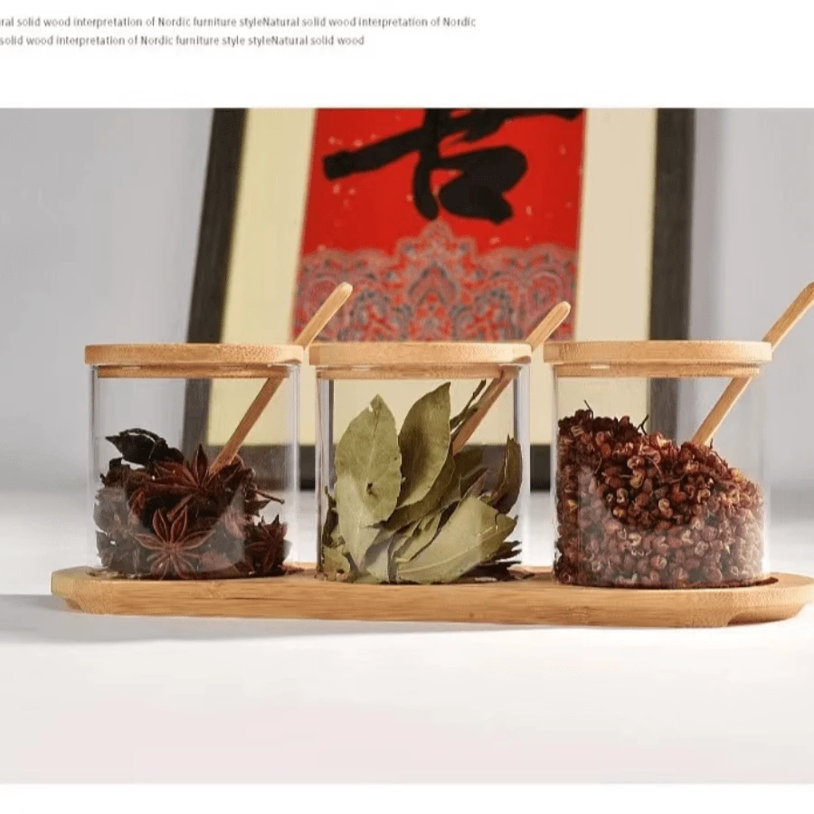廚房調味料盒套裝調味瓶套裝玻璃香料瓶,帶匙子便攜式開口3件套 - 原木色 - 查看 1