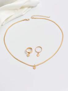 Conjunto De Joyas Con Diseño Metálico Simple Y En Forma De Corazón Adecuado Para El Lugar De Trabajo Maduro. Conjunto De 1 Collar Y 2 Anillos - Amarillo Oro - Ver 2