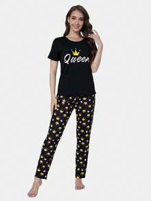 2入組女士睡衣套裝,女王皇冠圖案短袖上衣和長褲,舒適的家居服裝,適合母女穿著 - 黑色 - 查看 4
