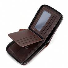 CarrKen 1pc New Arrival Men's Vintage Style Multifunctional Zipper Wallet Youth Student Personalized Color Blocking Card Holder - Khaki - View 7