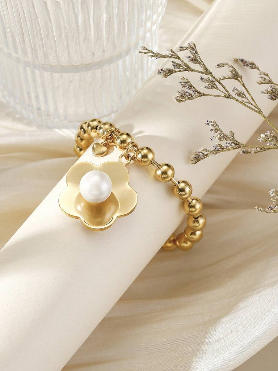金色不鏽鋼大梅花&珍珠手鍊,適合女性日常佩戴
