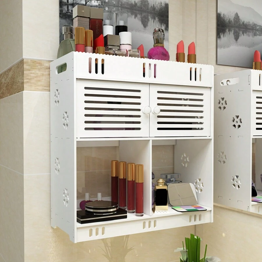 1入組浴室收納櫃組織架,掛牆安裝且無需鑽孔,適用於化妝品和化妝用品