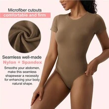 Women's Crew Neck Short Sleeve Bodysuit Seamless Ribbed Shapewear - Brown - View 3