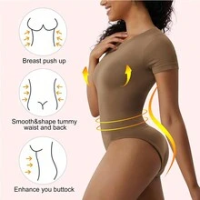 Women's Crew Neck Short Sleeve Bodysuit Seamless Ribbed Shapewear - Brown - View 5