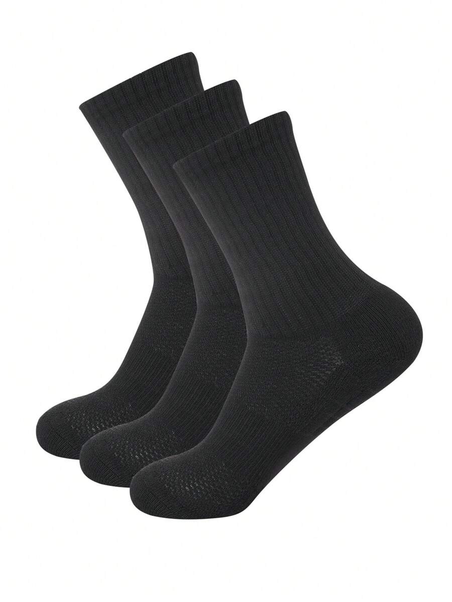 3雙男式運動襪籃球襪,厚毛巾底部,白色/黑色長管休閒襪,適用於秋冬季節