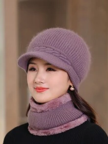 1組【1帽子+1圍巾】女性帽子和圍巾組合,秋冬基本針織貝雷帽 /無邊帽和棒球帽,溫暖兩件套組合,y2k帽子組 - 淡紫色 - 查看 4