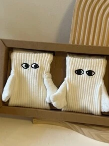 2pairs Magnetic Hand Holding Couple Socks, White Color, Spring And Autumn, Cute Anti-Skid Stockings With Magnet, Middle Tube Socks, Fall