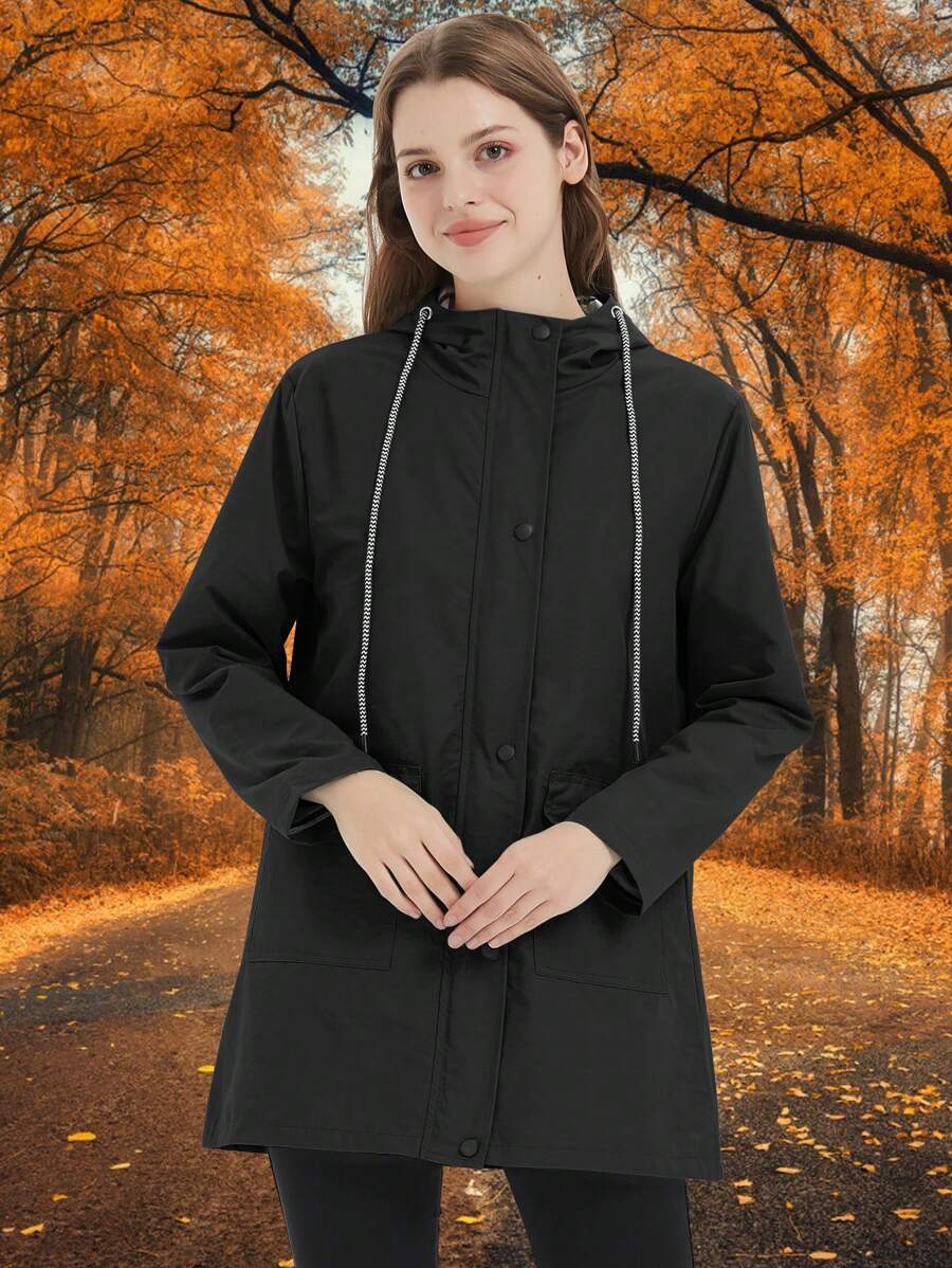 Cazadora deportiva tapeta con botón con cordón con capucha impermeable - Negro - Ver 1