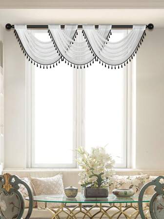 1pc White & Black Fringe Lace Window Curtain With Simple Design, Suitable For Living Room, Bedroom, Window, Door Decoration