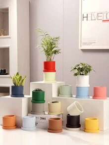 1 Bộ Đầy màu sắc sáng tạo Nhỏ bé Xi măng Chậu hoa Với Đĩa Đối với Nhỏ bé Màu xanh lá Trồng - Màu xanh nhạt - Xem 2