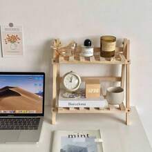 Double-layer Wooden Desk Organizer, Natural Wood Double-layer Desktop Storage Rack For Dormitory, Bedroom And Office - White - View 2