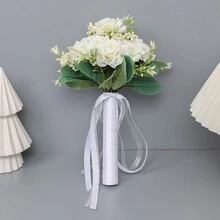 1入組新娘/伴娘手捧花,粉白色翻邊玫瑰花,浪漫可愛的婚禮派對裝飾禮物