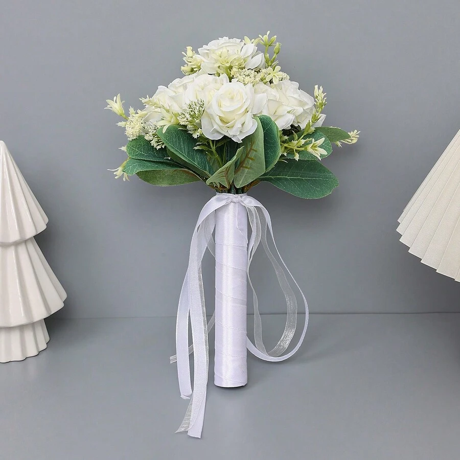1入組新娘/伴娘手捧花,粉白色翻邊玫瑰花,浪漫可愛的婚禮派對裝飾禮物
