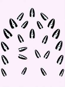 24入組長水滴形黑色 X 光骷髏圖案全包覆美甲套裝，果凍凝膠 + 指甲銼，適合派對、舞蹈和日常穿著 - 彩色 - 查看 3