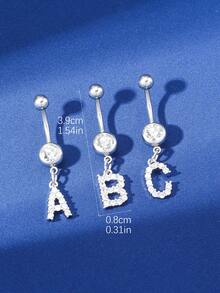 1入時尚銅製肚臍環,鑲有26顆白色方塊氧化鋯石、鑲嵌字母吊墜,適用於女性日常佩戴 - 銀色 - 查看 5