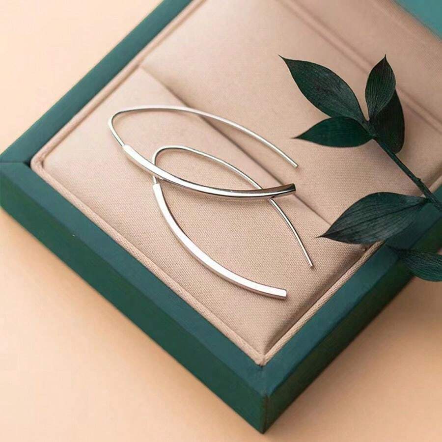 S925純銀,最終簡約u形獨特直棒耳環,時尚耳線 - 銀色 - 查看 1