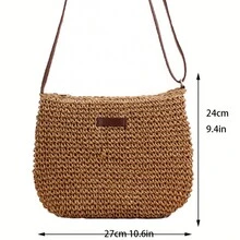 草編拉鍊斜挎包,精美裝飾肩袋,時尚夏日沙灘包