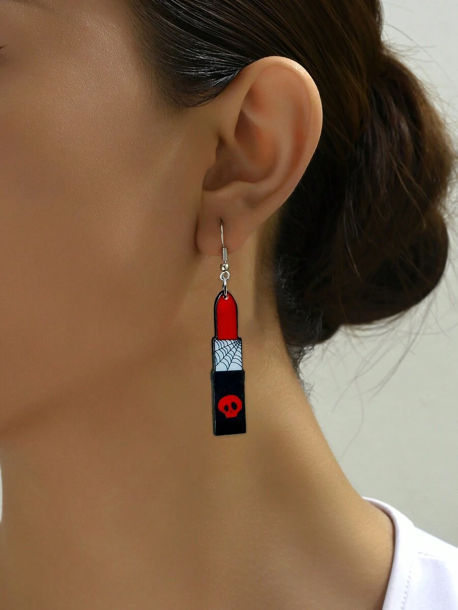 1對創意葡萄酒杯和口紅造型吊墜耳環,女性萬聖節派對個性珠寶