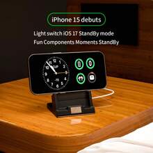 無線充電時鐘鬧鐘手機座15W快速充電，適用於蘋果- iPhone 15 14 Pro Max 13 12 11 X Xs 8 Airpods 3 2 Pro。 - 黑色 - 查看 4