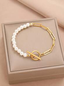 1入不銹鋼手鍊,白色人造珍珠&女王頭飾,時尚高端的女性手鍊,婚禮禮物 - 金色 - 查看 2
