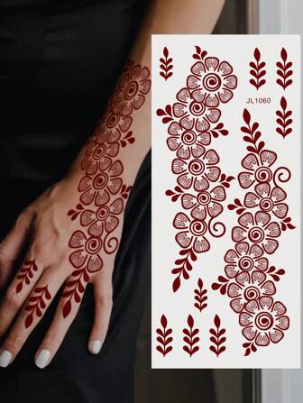 1 sheet Flower Temporary Tattoo Stickers, Maroon Waterproof Hand Tattoo for Women Party Decals
