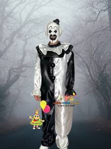 ART CLOWN HORROR TERRIFIE CLOWN COSTUME, SINISTER CLOWN HALLOWEEN COSTUME, WHITE AND BLACK OVERALL AND MASK FOR ADULT, MEN OR WOMAN COSTUME - Black and White - View 1