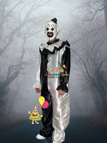 ART CLOWN HORROR TERRIFIE CLOWN COSTUME, SINISTER CLOWN HALLOWEEN COSTUME, WHITE AND BLACK OVERALL AND MASK FOR ADULT, MEN OR WOMAN COSTUME - Black and White - View 2