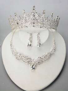4入組 時尚合金鑲鑽玻璃皇冠項鍊和耳環套裝，適用於女士參加婚禮和派對